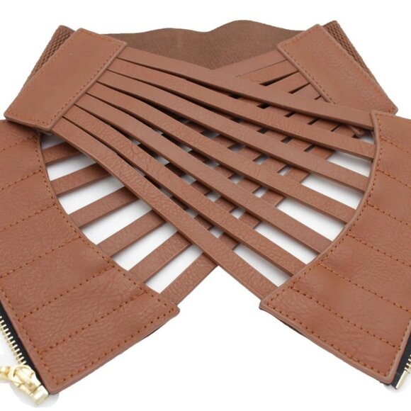 Cute Women Wide Corset Belt Waist Hip Brown Elastic Faux Leather Adjustable M L - Picture 4 of 17